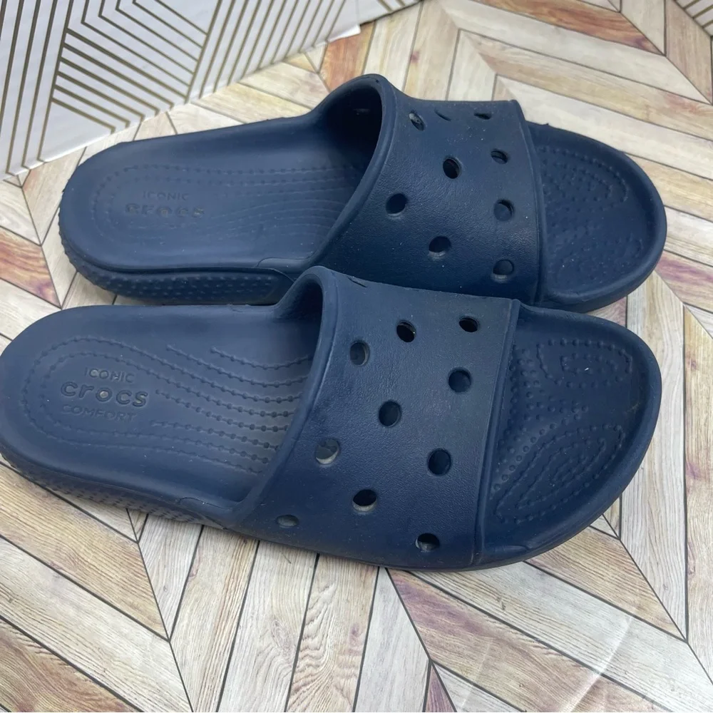 CROCS Navy iconic comfort rubber slides shoes sandals‎ size 1 kids youth sb4 - Picture 2 of 8